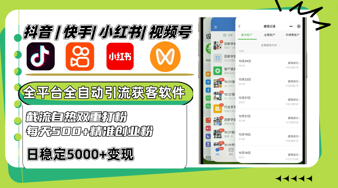 抖音快手小红书视频号全平台全自动引流获客系统，截流自热双重打粉，每天500+精准粉-一起网创