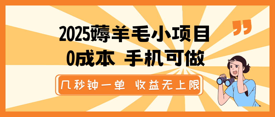 2025薅羊毛小项目，0成本 手机可做，几秒钟一单，收益无上限-一起网创