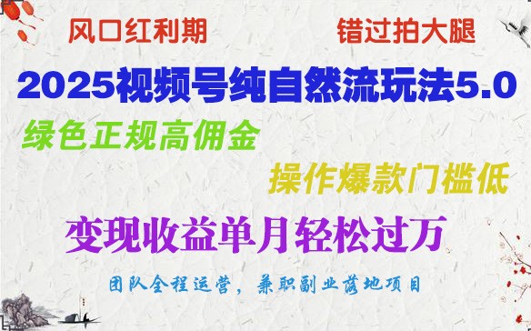 2025视频号纯自然流玩法5.0，绿色正规高佣金，操作爆款门槛低，变现收益单月轻松过万-一起网创