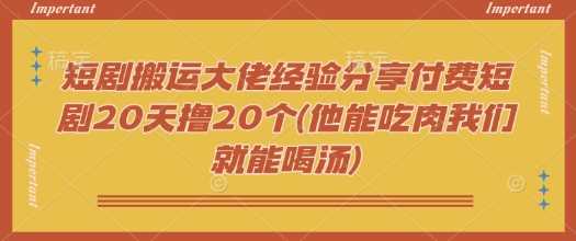 短剧搬运大佬经验分享付费短剧20天撸20个(他能吃肉我们就能喝汤)-一起网创