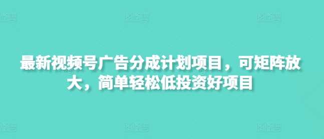 最新视频号广告分成计划项目，可矩阵放大，简单轻松低投资好项目-一起网创